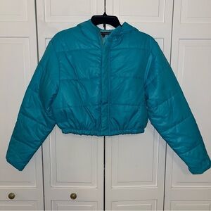 NWT naked wardrobe Teal Blue Oversized Puffy Crop Jacket Size S